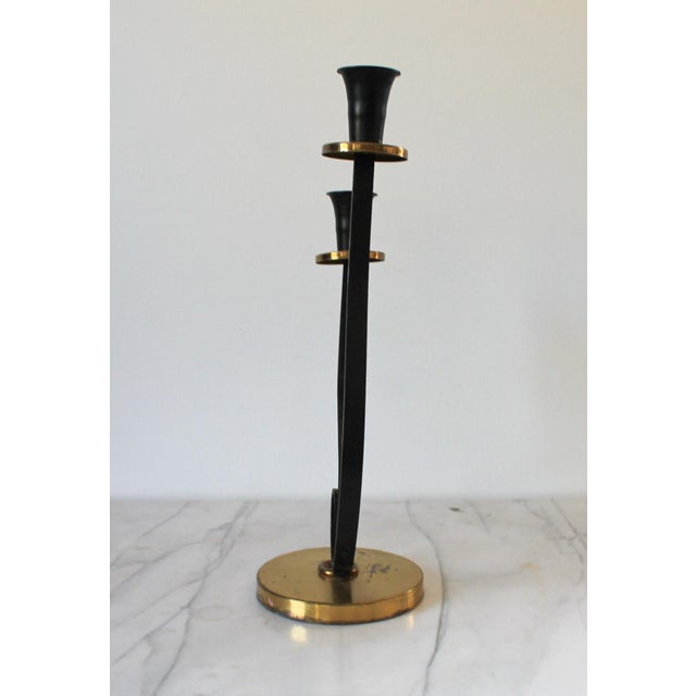 Mid-Century Black Metal and Brass Scrolled Double-Candle Holder For Sale - Image 4 of 11