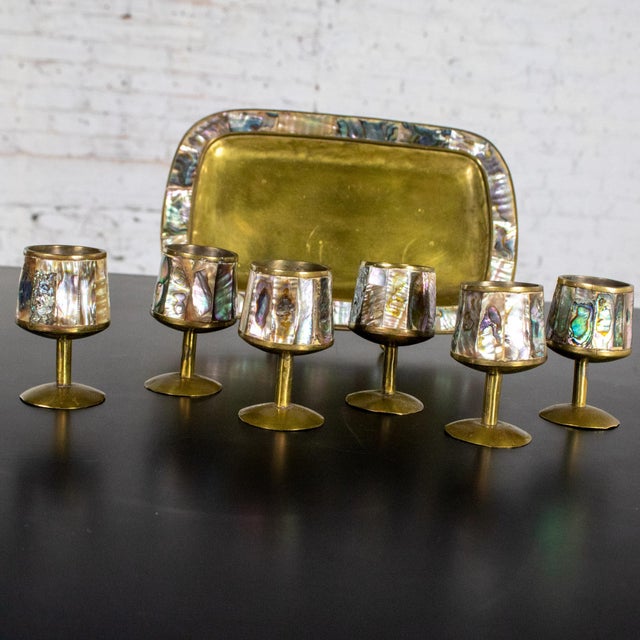 Mid-20th Century MCM 6 Cordial Stemmed Shots and Tray Set Abalone and Brass From Taxco Mexico For Sale - Image 4 of 18
