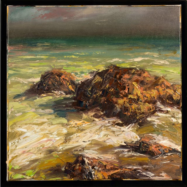 The painting captures a serene coastal scene, where rugged rocks emerge from the foamy surf under a moody sky. Rich,...