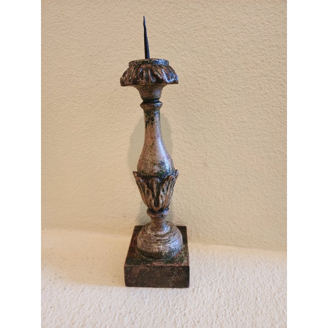 Dove Gray 19th Century Antique Hand Carved Wooden Candle Stand Holder For Sale - Image 8 of 8