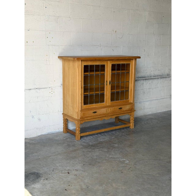 Mid-Century Modern In Style of Henning Kjærnulf Oak Glass Cabinet With Leaded Doors Vintage Danish Mid-Century Modern 1960s For Sale - Image 3 of 10