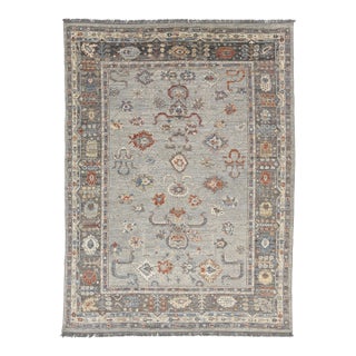 Modern Oushak Style Hand-Knotted Wool Rug in Slate Grey, Terracotta, and Blue For Sale