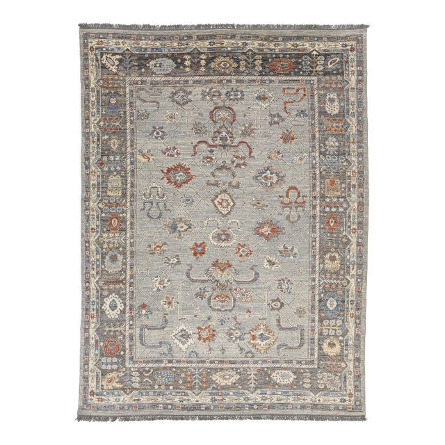 Modern Oushak Style Hand-Knotted Wool Rug in Slate Grey, Terracotta, and Blue For Sale
