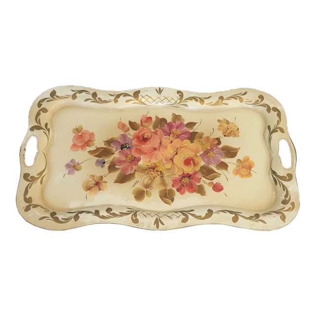Vintage Hand Painted Metal Tray For Sale