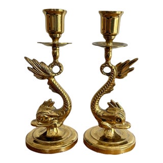 20th Century Brass Dolphin Neoclassical Candle Holders - A Pair For Sale