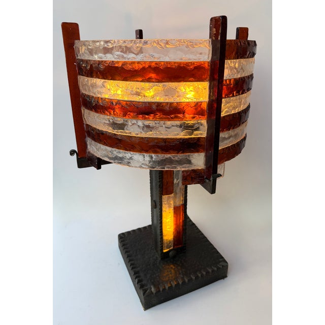 Longobard Large Hammered Glass Wrought Iron Lamp by Longobard, Italy, 1970s For Sale - Image 4 of 12