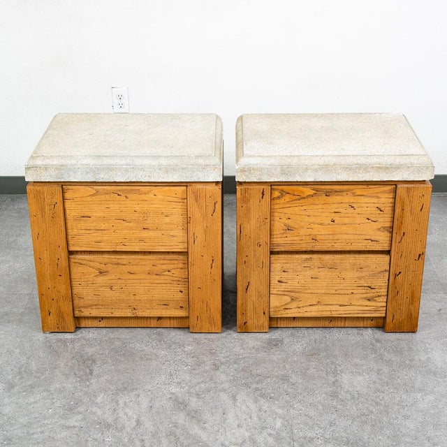 Check out this Custom post modern late 70s-80s nightstand set with a stone top and english walnut on the base. Master...