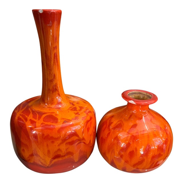 Pair of Vintage Orange Ceramic Vases For Sale
