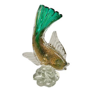 Vintage Murano Sommerso Green Gold Flecks Bollicine Italian Bubble Glass Fish For Sale