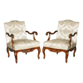 Antique French Walnut Armchairs with Silk Damask, 1880s, Set of 2 For Sale