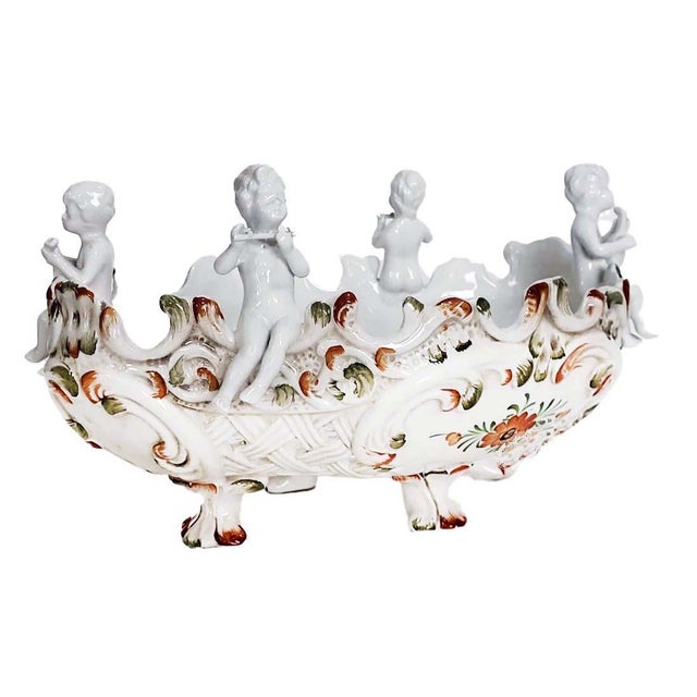 Art Nouveau Large Capodimonte Porcelain Centerpiece Putti Cherub Figural Reticulated Centerpiece Bowl - Signed - Circa 1948 For Sale - Image 3 of 9