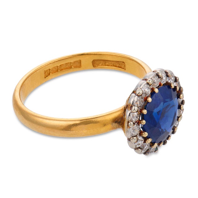 1910s 1910s Edwardian English Gia 2.45 Carat No Heat Sapphire Diamond 22k Yellow Gold Ring, Size 8 For Sale - Image 5 of 8