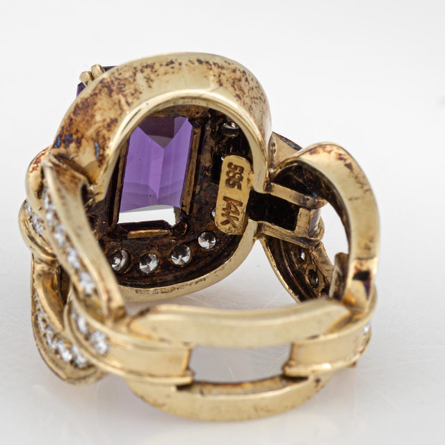 Modern 80s Vintage Amethyst Diamond Link Ring Sz 6.75 Wide Band 14k Yellow Gold Jewelry For Sale - Image 3 of 7