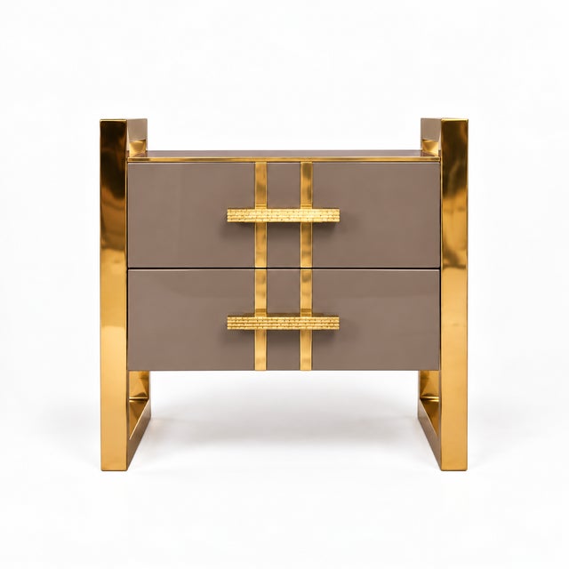 Contemporary Taupe Glass Two-Drawer Nightstands with Architectural Brass Frames from Justfurnituress SRL, Set of 2 For Sale - Image 3 of 10
