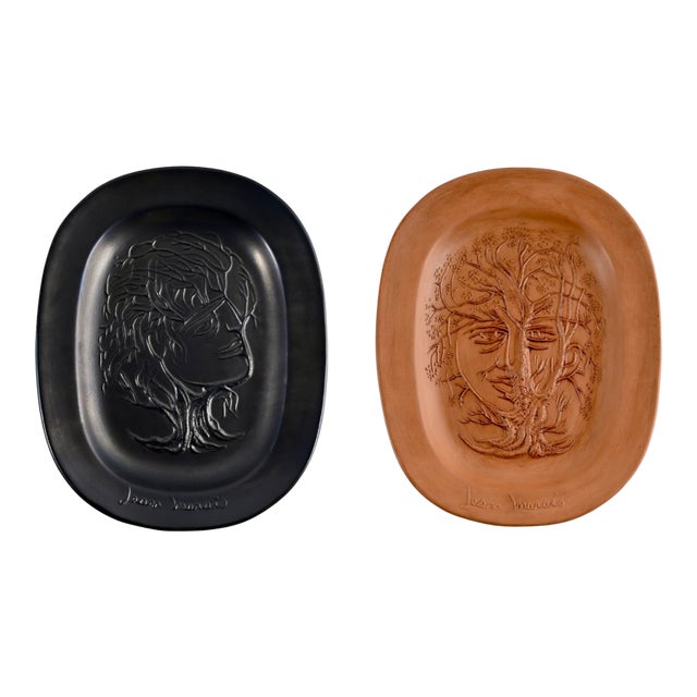 Pair of Large Jean Marais Ceramic Plates, Black Enamel and Terracotta For Sale