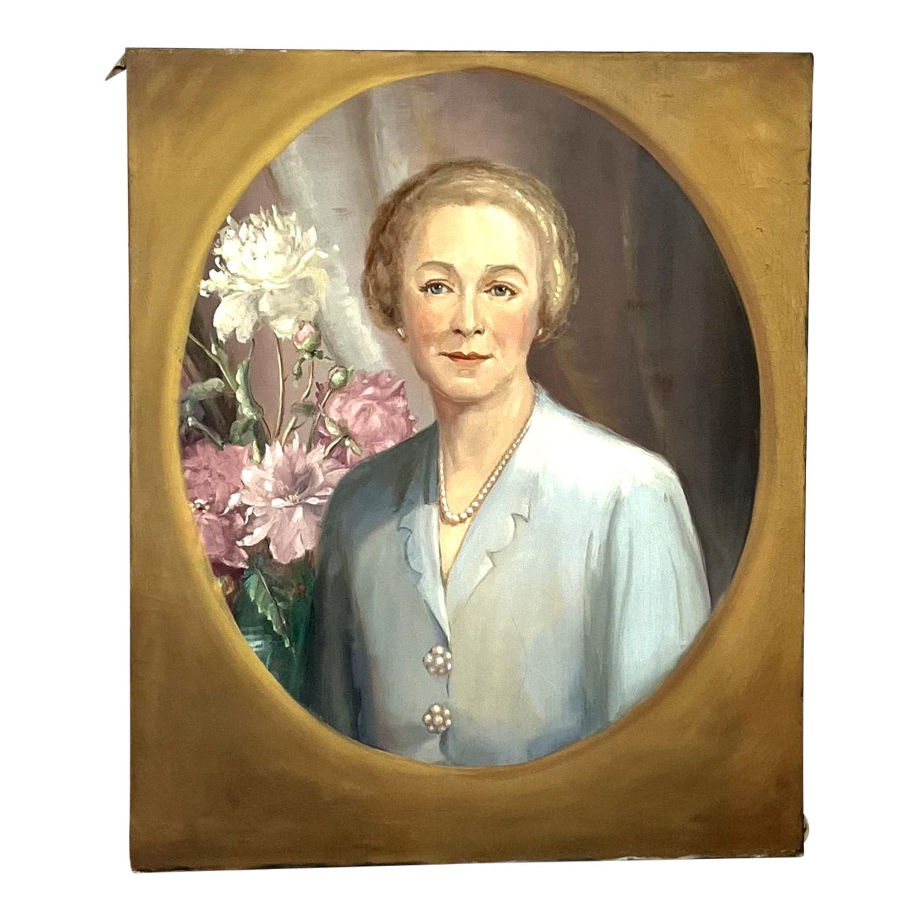 1920s Portrait of a Woman and Peonies - Oil on Canvas | Chairish