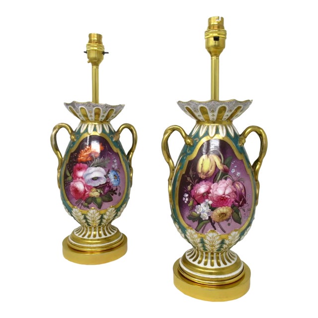 Antique Pair English Staffordshire Porcelain Table Lamps Ridgway or Rockingham For Sale