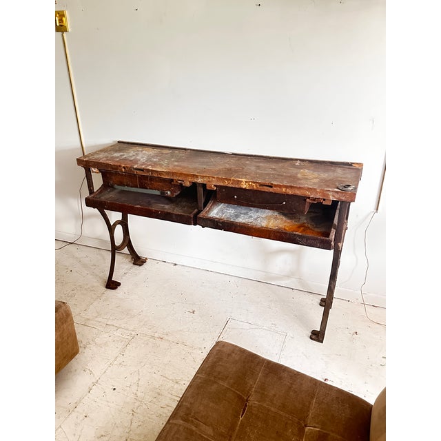 Antique Distressed Industrial Work Table or Console Leiman Brothers For Sale - Image 12 of 12
