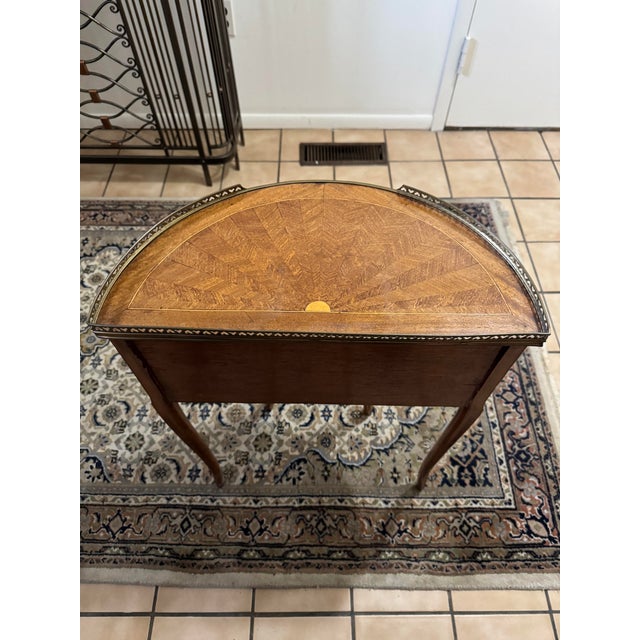 Pair of Vintage Louis XV Style Demilune Nightstands French Inlaid 3 Drawer Tables For Sale - Image 13 of 17