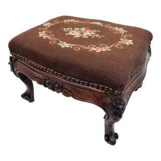 Antique Needlepoint Carved Wood Foot Stool For Sale