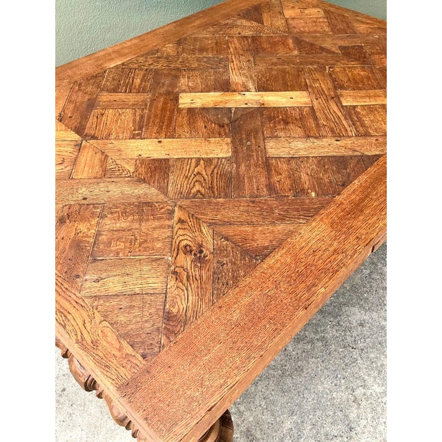 Vintage Spanish Carved Wood Parquet Extendable Dining Table For Sale - Image 9 of 13