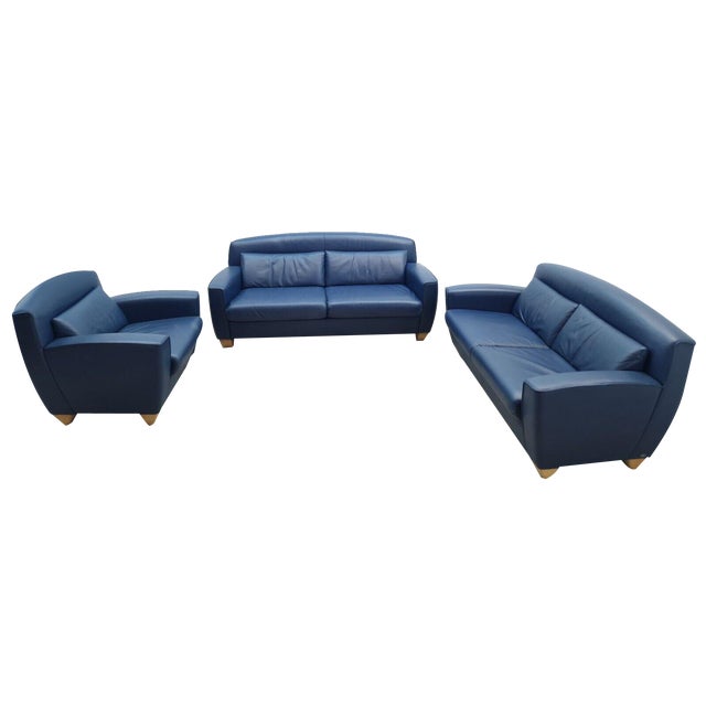 Blue Leather DS 120 Sofa Set from de Sede, Set of 3 For Sale