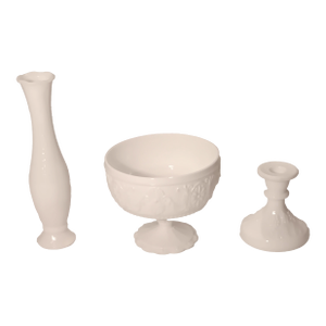 Vintage Milk Glass Combo of Vase, Bowl and Candlestick Holders- Set of 3
