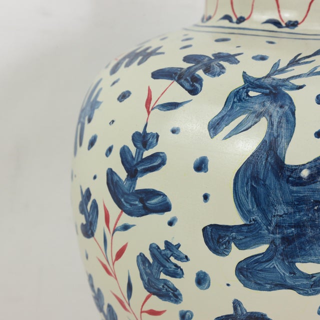 Pair of Vintage Brunschwig & Fils Cadiz Table Lamps - Blue and Cream Ceramic With Boar and Deer Motif For Sale - Image 14 of 15