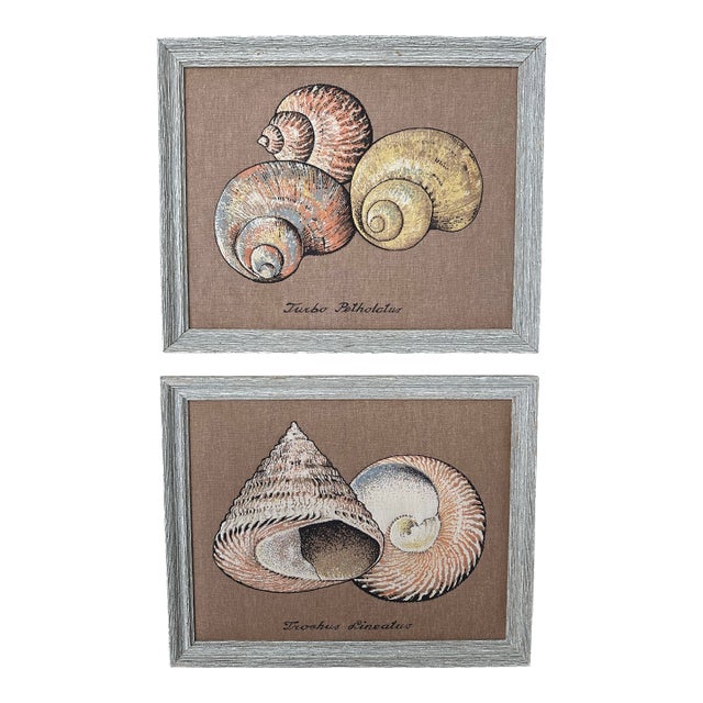 Textile Art With Shell Designs, a Set of Two, Framed For Sale