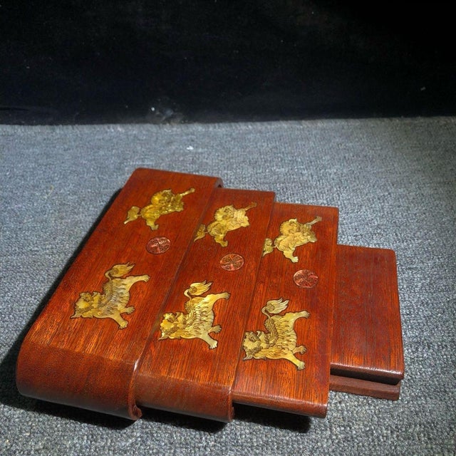 Set of 4 Vintage Rosewood Display Stands With Mother-of-Pearl Qilin Inlay For Sale - Image 4 of 9