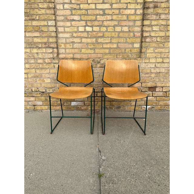 Wood Vintage German School Chairs – Set of 8 – Green Metal + Plywood (Stackable) For Sale - Image 7 of 8