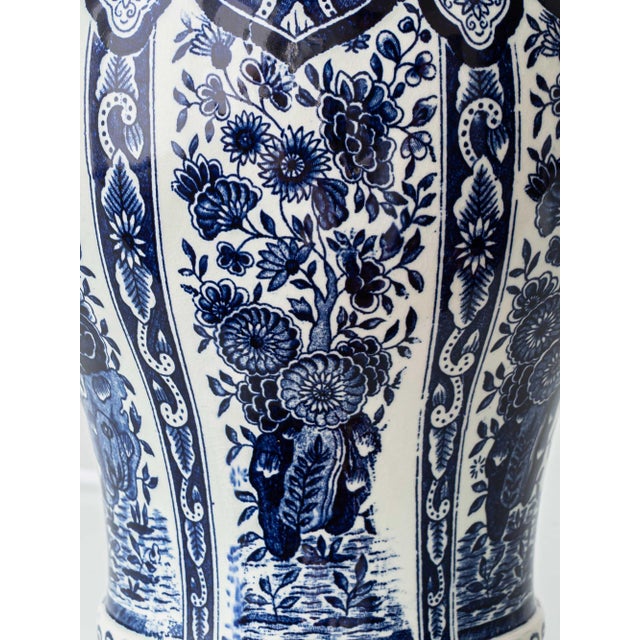 Delft Blue Ceramic Table Lamps with Persimmon Silk Shades from Boch Frères, 1960s, Set of 2 For Sale - Image 16 of 18