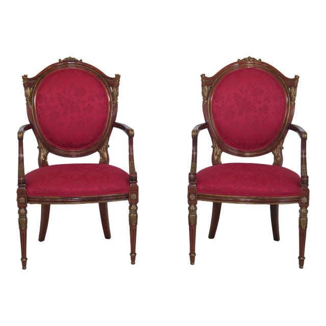 French Louis XVI Style Mahogany & Gold Arm Chairs - a Pair For Sale
