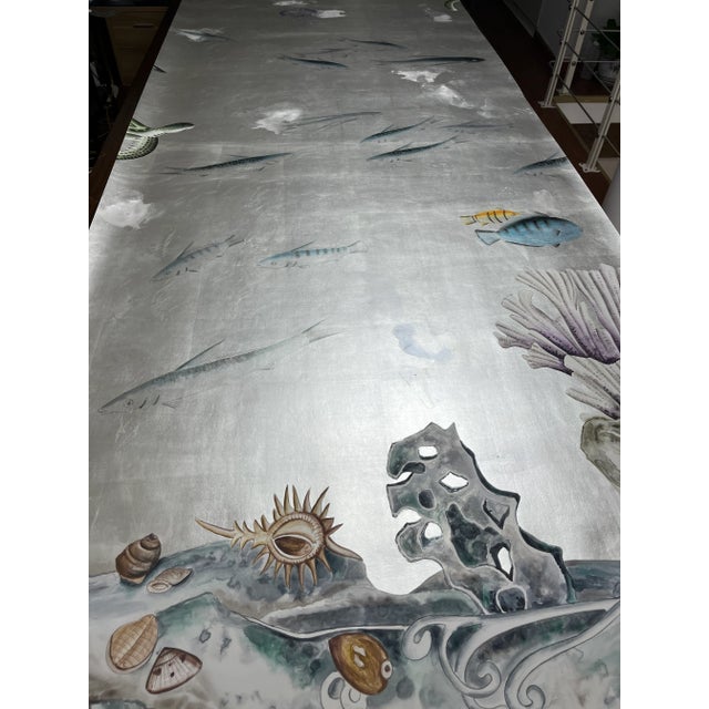 Hand Painted Coral Fish Wallpaper on Antiqued Silver Metallic Panel - Set of 4 For Sale - Image 9 of 10