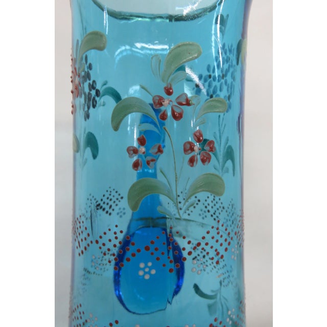 Blue Tall Hand Blown Glass Blue and Hand Painted Flowers Pitcher For Sale - Image 8 of 13