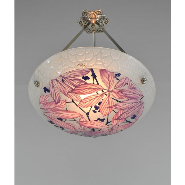 Loys Lucha French Art Deco Pendant Light 1930s - Enameled Pink Foliage Bowl For Sale - Image 4 of 11