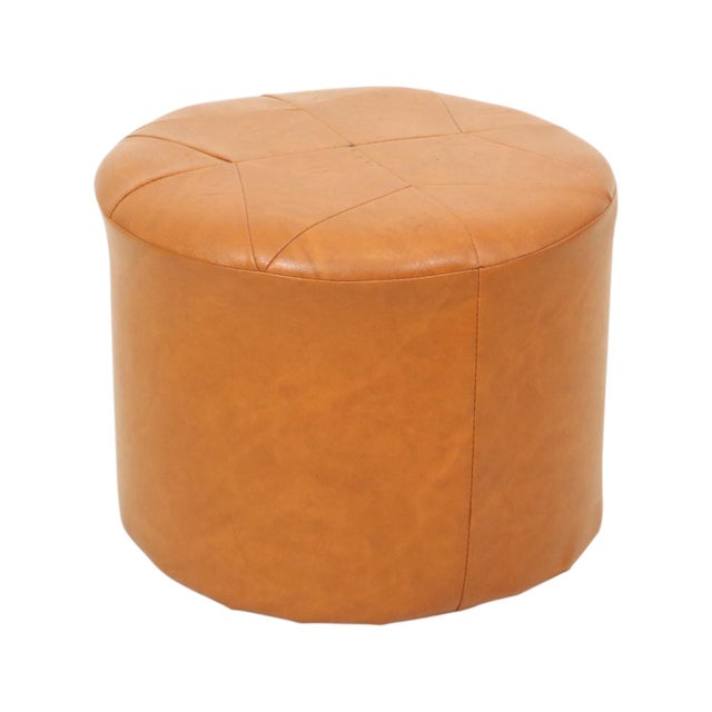 Vintage Round Pouf in Brown Skai and Leather Star Motif, 1960s For Sale - Image 9 of 11