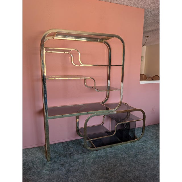 1980s Deco Brass & Smoked Glass Adjustable Display Shelf/Etagere, C1980s For Sale - Image 5 of 10