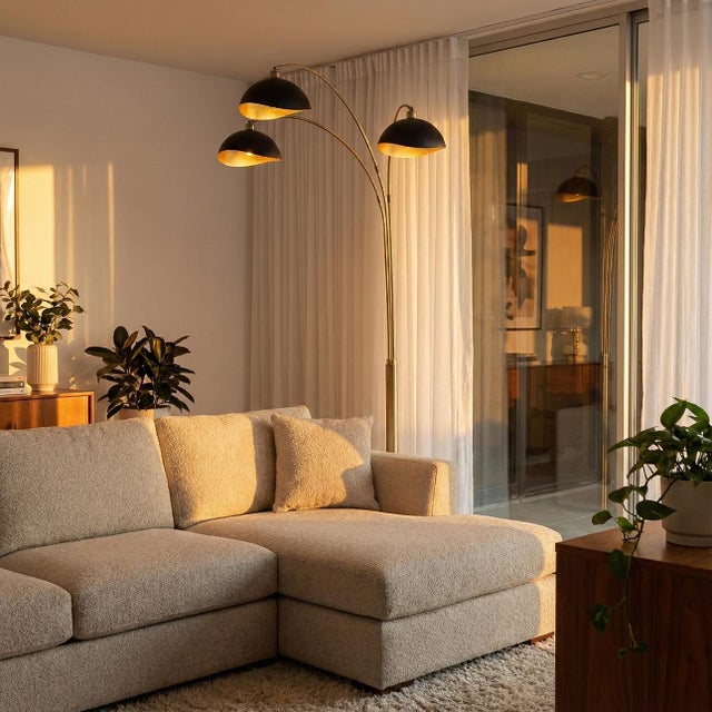 Not Yet Made - Made To Order Luna Bella 3-Light Arc Floor Lamp - Matte Black, Weathered Brass, Gold Leaf, Black Marble Base, Dimmer Switch For Sale - Image 5 of 18