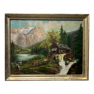 Vintage Oil Painting on Canvas by Anna, Farm Landscape, Framed