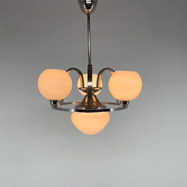 Art Deco Chrome & Milk Glass Chandelier, 1930s For Sale - Image 3 of 11