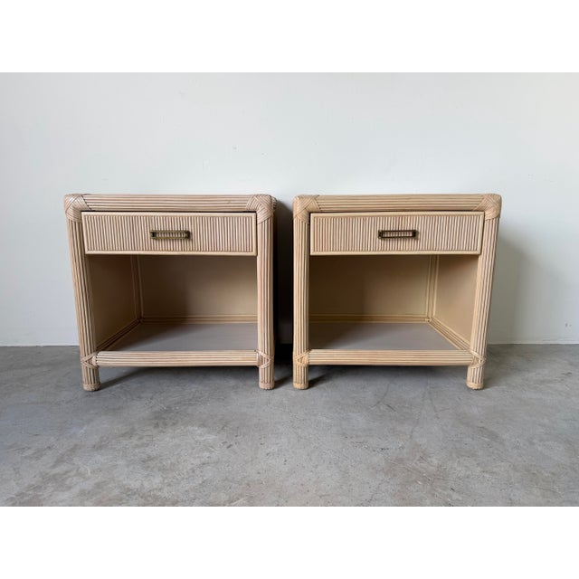 Hollywood Regency Vintage Coastal Rattan & Leather Top One-Drawer Nightstands – A Pair For Sale - Image 3 of 12