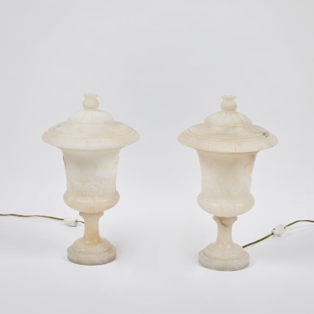 Pair Vintage Italian Small Lidded Urn Alabaster Lamps For Sale - Image 4 of 9