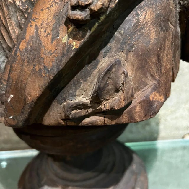 1943 Hand Carved Wood Bust Refined Bespectacled Gentleman Patinated Gold For Sale - Image 9 of 13