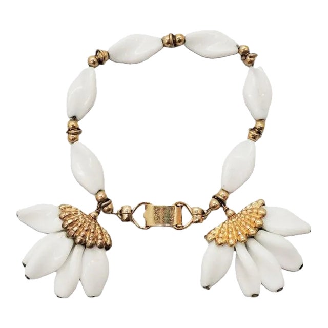 Vintage 1950s Signed Napier Goldtone & White "Fans" Charm Bracelet For Sale