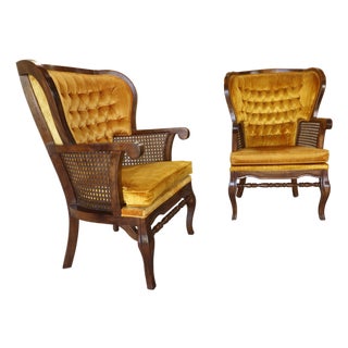 Pair of Monumental 1970s Cane and Gold Velvet Horseshoe Wingback Chairs For Sale
