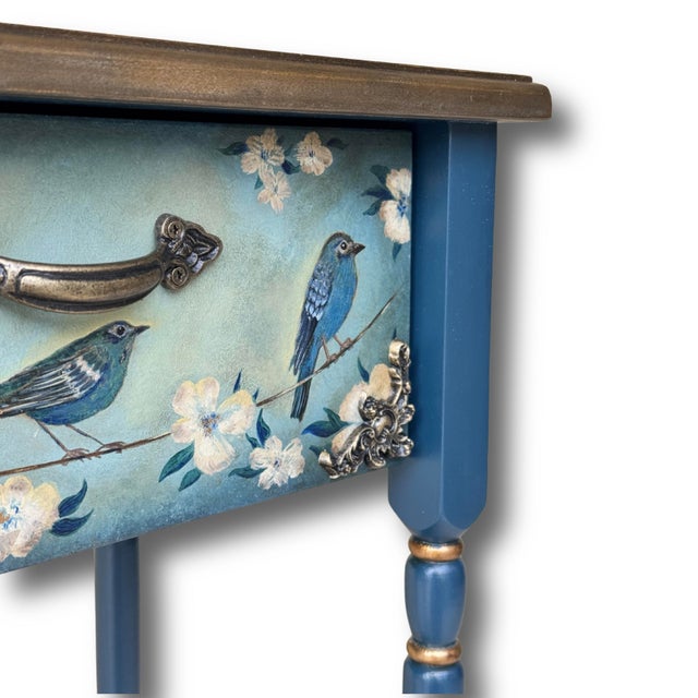 Hand-Painted Blue Birds Console Table – Solid Wood Entryway Accent Furniture For Sale In Orlando - Image 6 of 12
