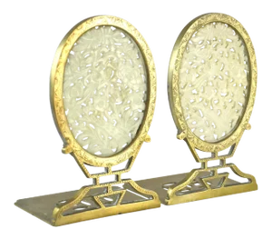 Chinese Carved Jade & Brass Bookends - a Pair