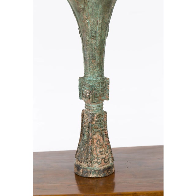 Vintage Lost Wax Cast Bronze Flute Shaped Ceremonial Vessel with Verde Patina For Sale - Image 9 of 12