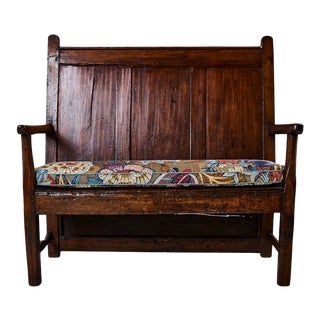 19th Century Wood Bench with Schumacher Zanzibar Linen Print Cushion For Sale